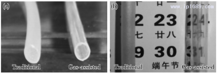 图 4 传统挤出和气辅挤出的塑料微管的( a) 横截面和( b) 表面质量对比